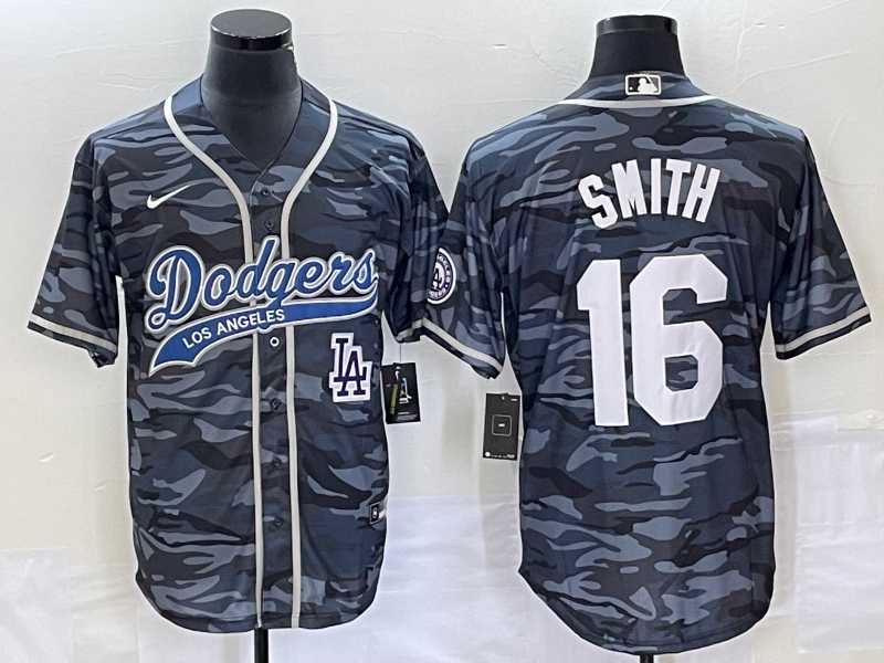 Mens Los Angeles Dodgers #16 Will Smith Gray Camo Cool Base With Patch Stitched Baseball Jersey